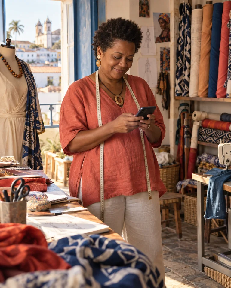 Profissional conferindo o celular em um ateliê de roupas.