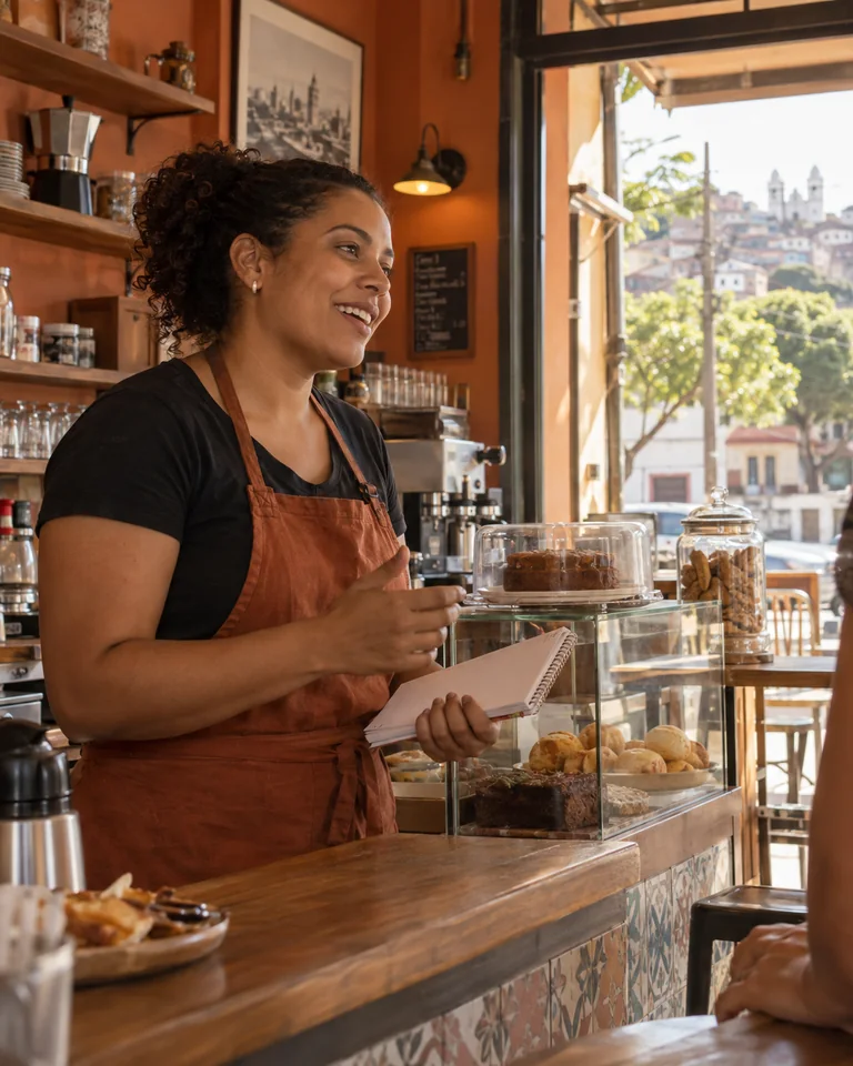 Profissional conversando no balcão de um café de bairro.