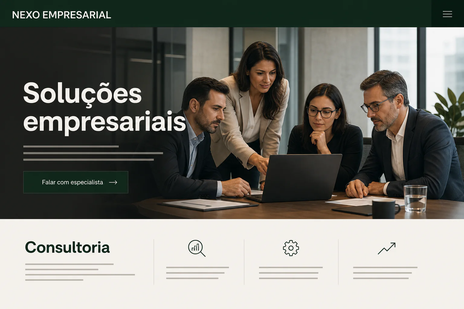Interface realista de um site institucional empresarial com serviços, caso e indicadores.