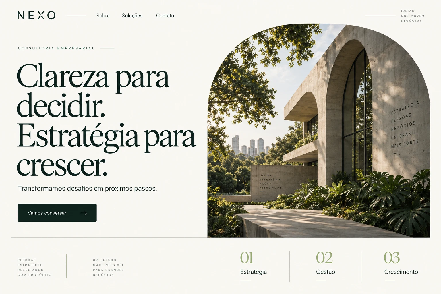 Site Nexo Empresarial com design editorial e contato em destaque.